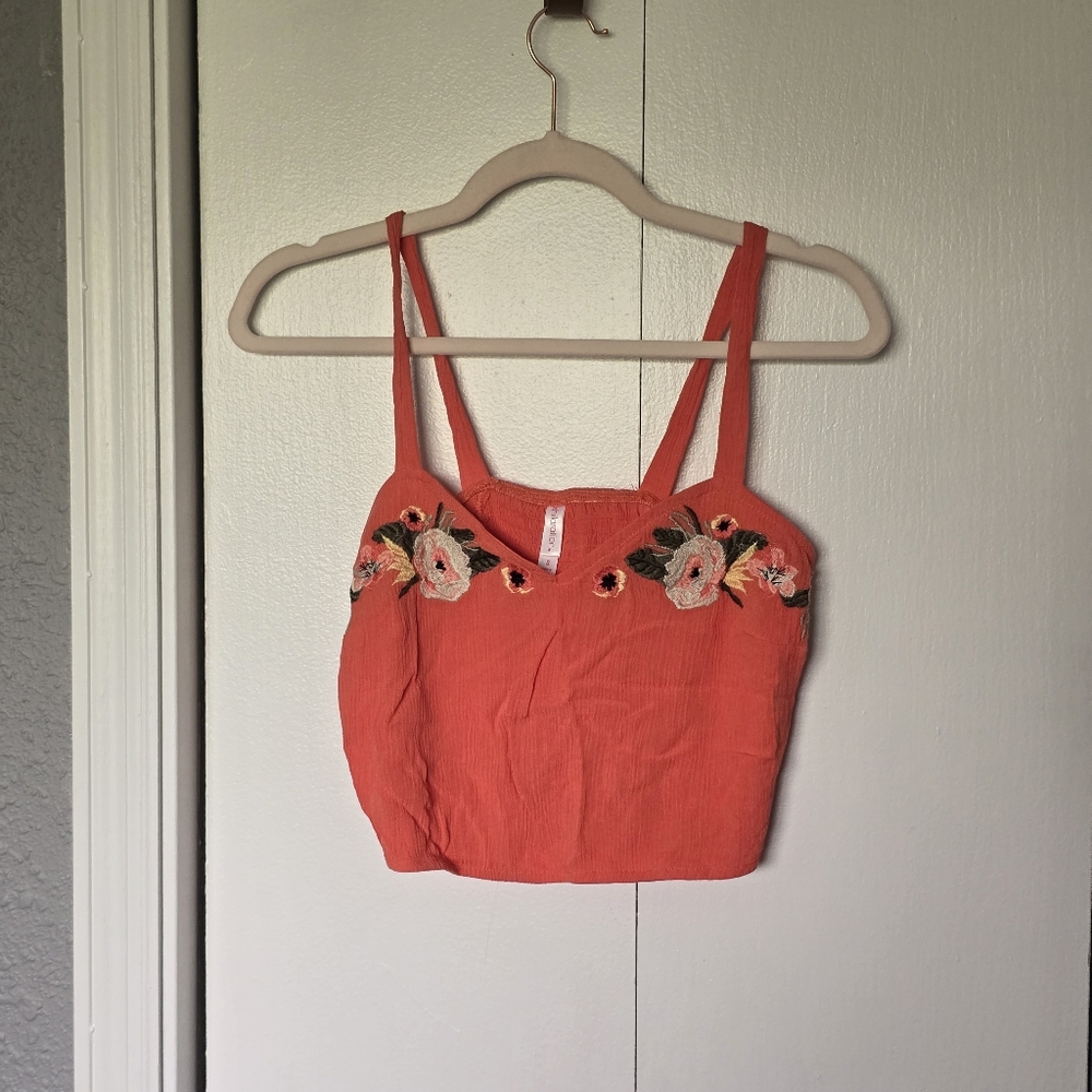 Xhilaration Coral Floral Embellished Crop Tank Top - Picture 1 of 6